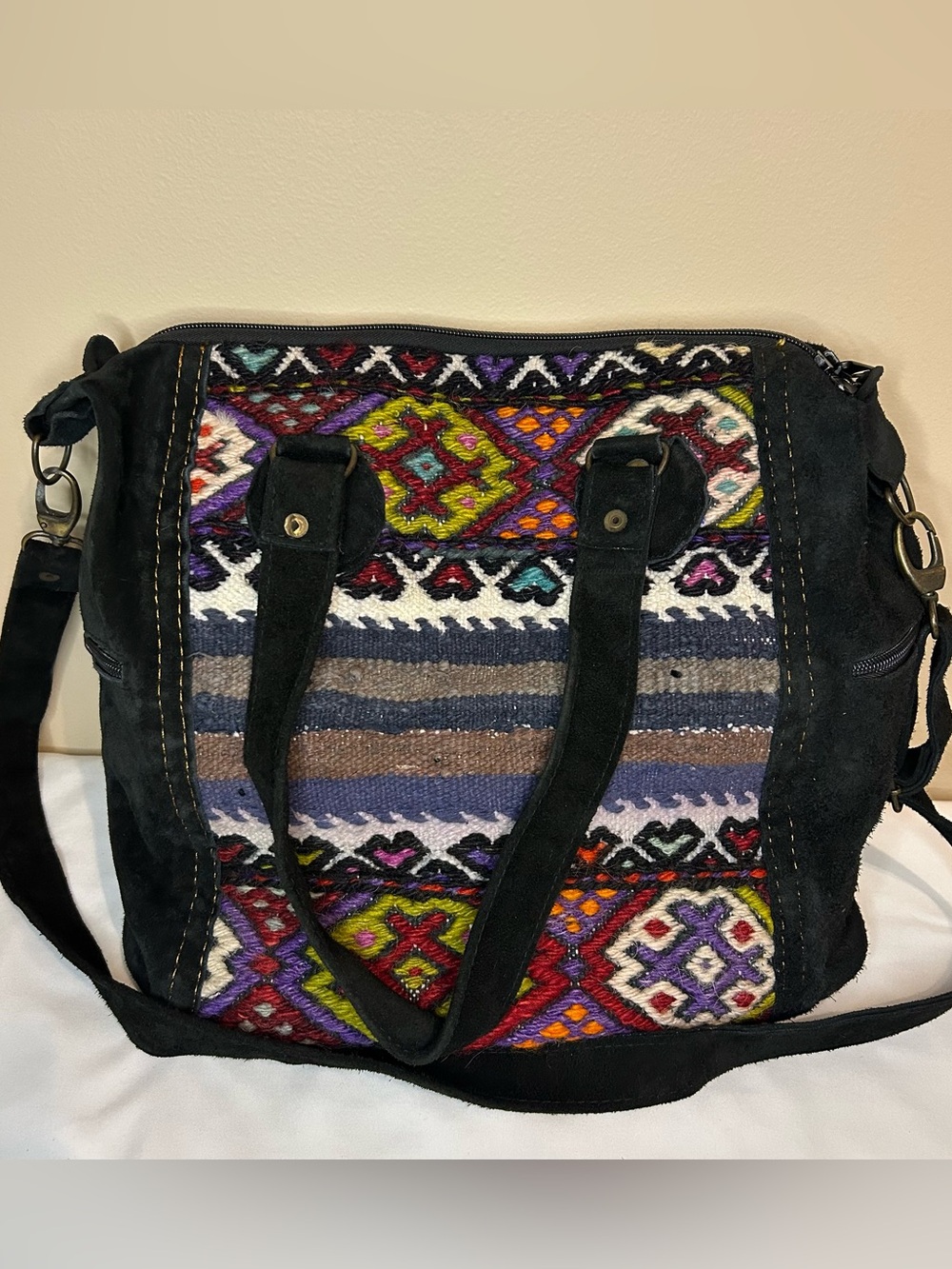 Boho Multicolor Hand Woven Kilim Tote Bag with Black Suede Trim
